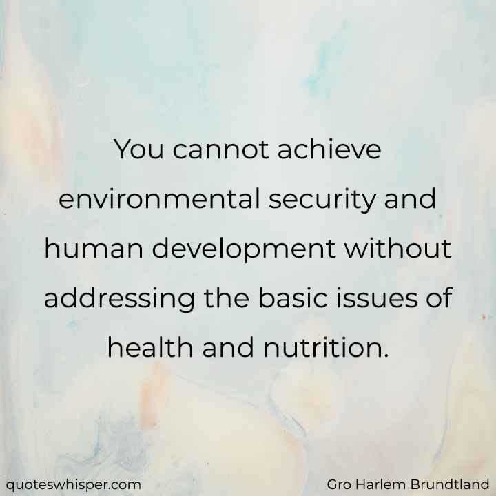  You cannot achieve environmental security and human development without addressing the basic issues of health and nutrition. - Gro Harlem Brundtland