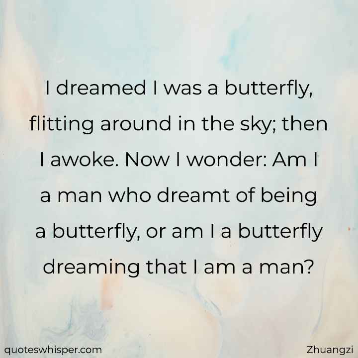  I dreamed I was a butterfly, flitting around in the sky; then I awoke. Now I wonder: Am I a man who dreamt of being a butterfly, or am I a butterfly dreaming that I am a man? - Zhuangzi