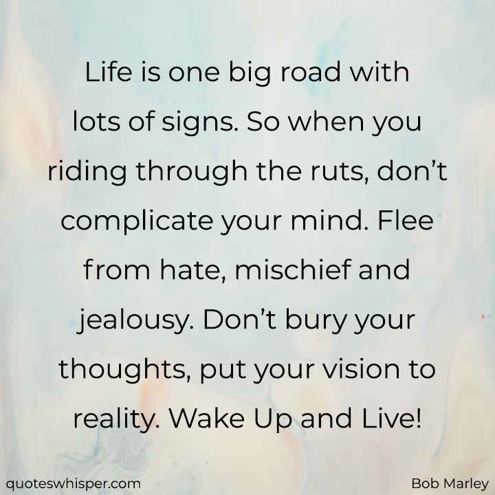  Life is one big road with lots of signs. So when you riding through the ruts, don’t complicate your mind. Flee from hate, mischief and jealousy. Don’t bury your thoughts, put your vision to reality. Wake Up and Live! - Bob Marley