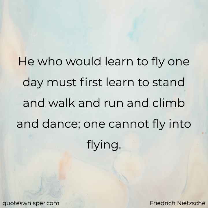  He who would learn to fly one day must first learn to stand and walk and run and climb and dance; one cannot fly into flying. - Friedrich Nietzsche