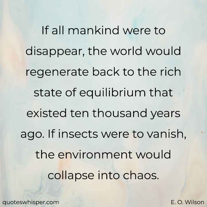  If all mankind were to disappear, the world would regenerate back to the rich state of equilibrium that existed ten thousand years ago. If insects were to vanish, the environment would collapse into chaos. - E. O. Wilson