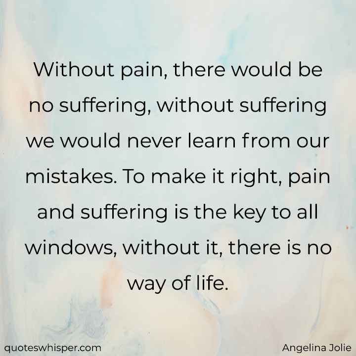  Without pain, there would be no suffering, without suffering we would never learn from our mistakes. To make it right, pain and suffering is the key to all windows, without it, there is no way of life. - Angelina Jolie