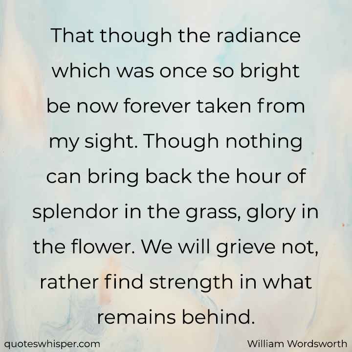  That though the radiance which was once so bright be now forever taken from my sight. Though nothing can bring back the hour of splendor in the grass, glory in the flower. We will grieve not, rather find strength in what remains behind. - William Wordsworth