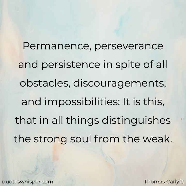  Permanence, perseverance and persistence in spite of all obstacles, discouragements, and impossibilities: It is this, that in all things distinguishes the strong soul from the weak. - Thomas Carlyle