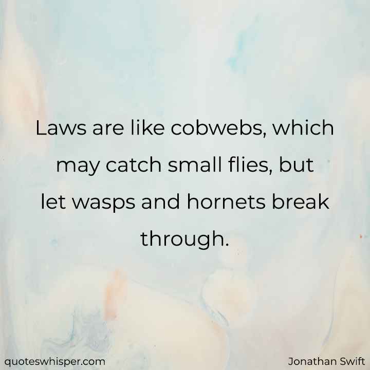  Laws are like cobwebs, which may catch small flies, but let wasps and hornets break through. - Jonathan Swift