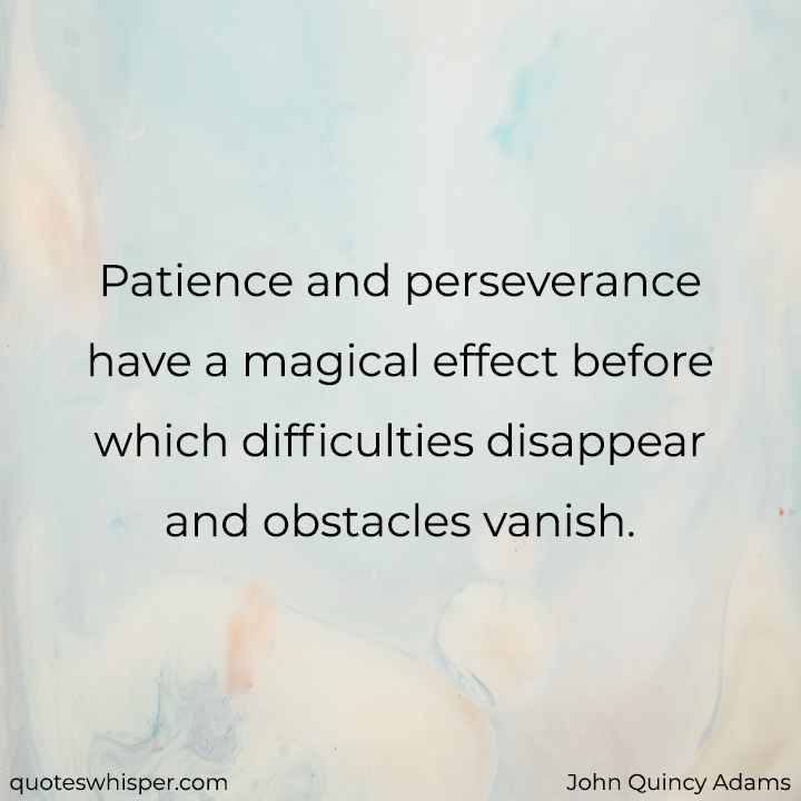  Patience and perseverance have a magical effect before which difficulties disappear and obstacles vanish. - John Quincy Adams