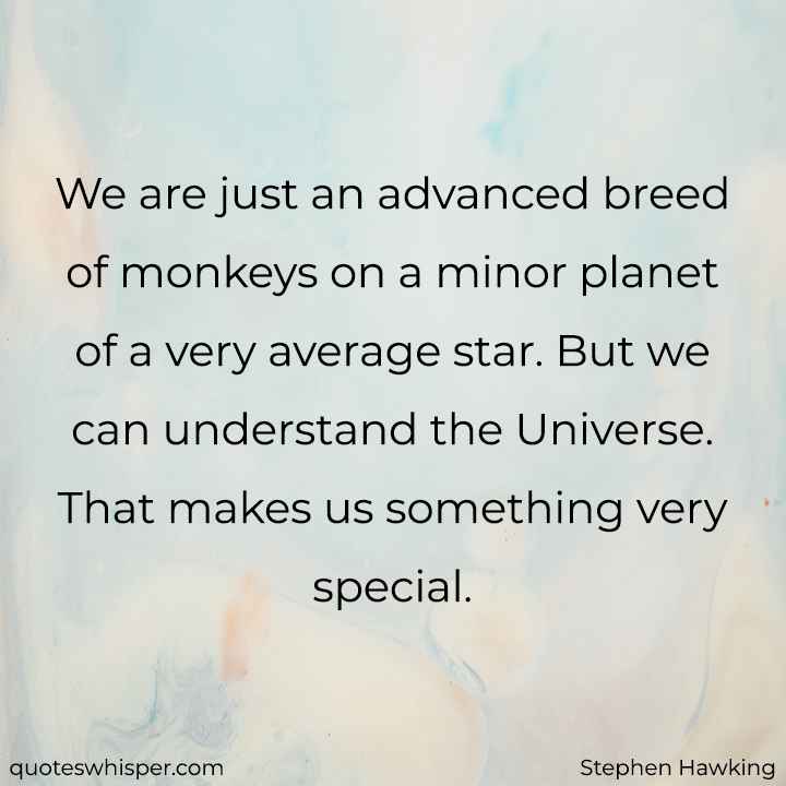  We are just an advanced breed of monkeys on a minor planet of a very average star. But we can understand the Universe. That makes us something very special. - Stephen Hawking