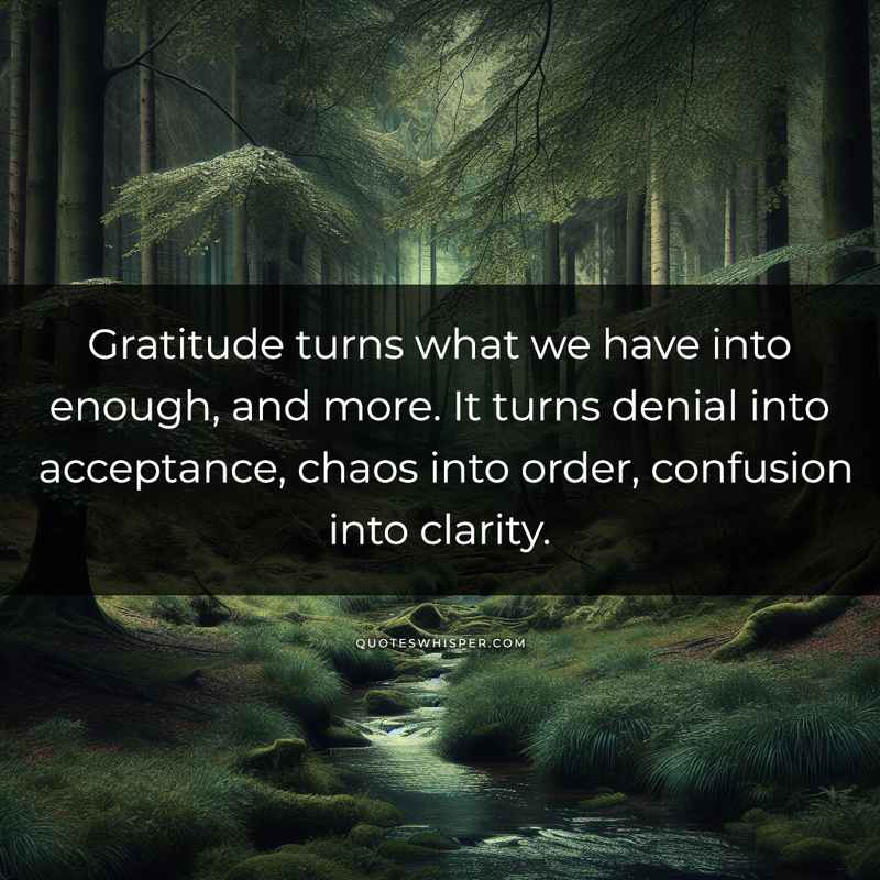 Gratitude turns what we have into enough, and more. It turns denial into acceptance, chaos into order, confusion into clarity.