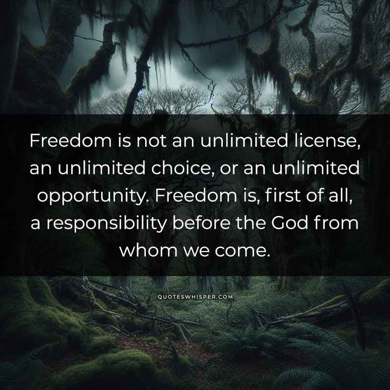 Freedom is not an unlimited license, an unlimited choice, or an unlimited opportunity. Freedom is, first of all, a responsibility before the God from whom we come.