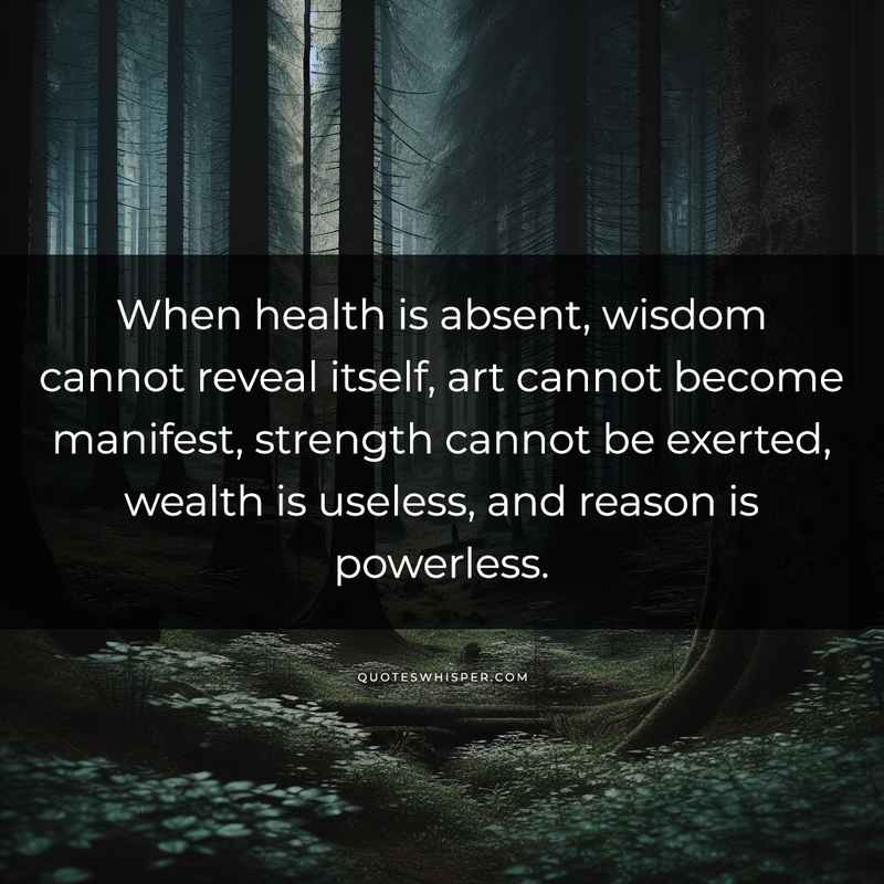 When health is absent, wisdom cannot reveal itself, art cannot become manifest, strength cannot be exerted, wealth is useless, and reason is powerless.