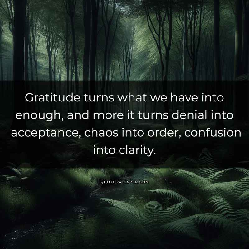 Gratitude turns what we have into enough, and more it turns denial into acceptance, chaos into order, confusion into clarity.