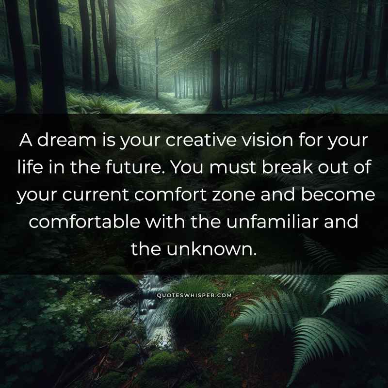 A dream is your creative vision for your life in the future. You must break out of your current comfort zone and become comfortable with the unfamiliar and the unknown.