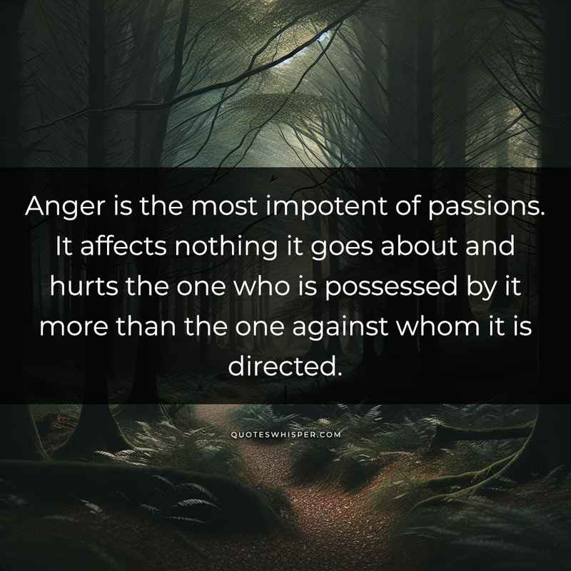 Anger is the most impotent of passions. It affects nothing it goes about and hurts the one who is possessed by it more than the one against whom it is directed.