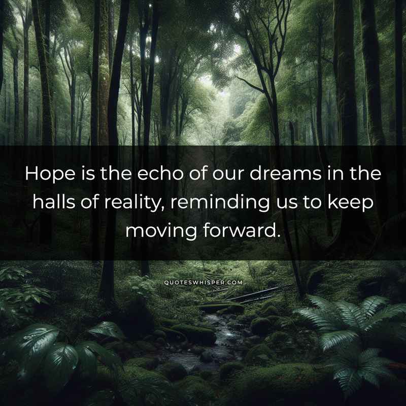 Hope is the echo of our dreams in the halls of reality, reminding us to keep moving forward.